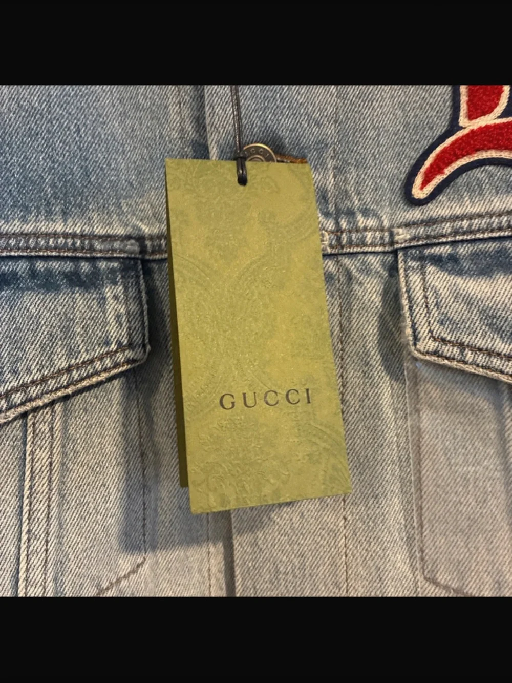 Gucci Light Gray Denim Jacket with Red 'M' Patch